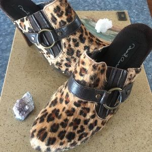 Leopard print unique wooden heels. Size 7.